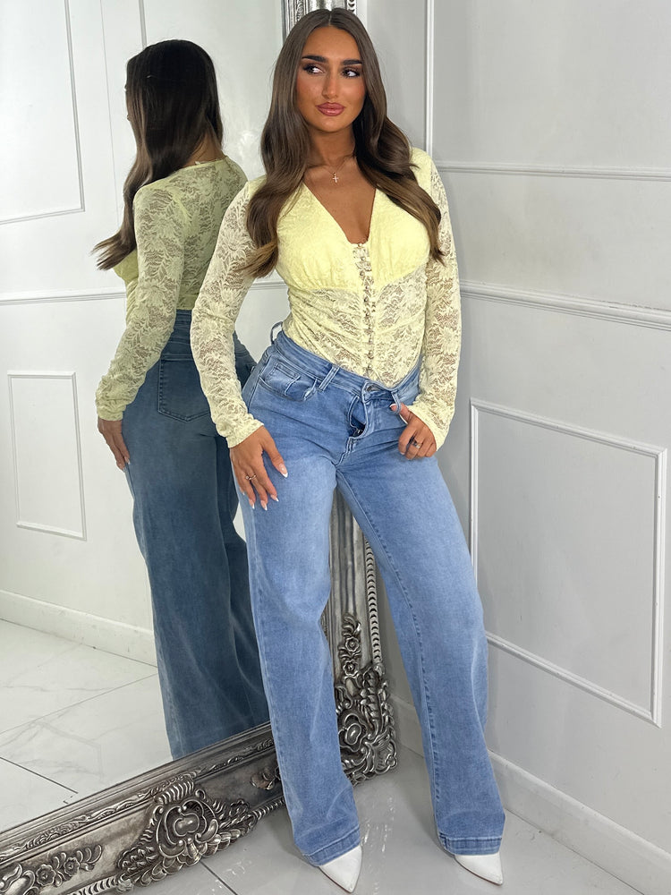 Long Sleeve V Neck Lace Gold Ball Detail Bodysuit - Lemon Yellow