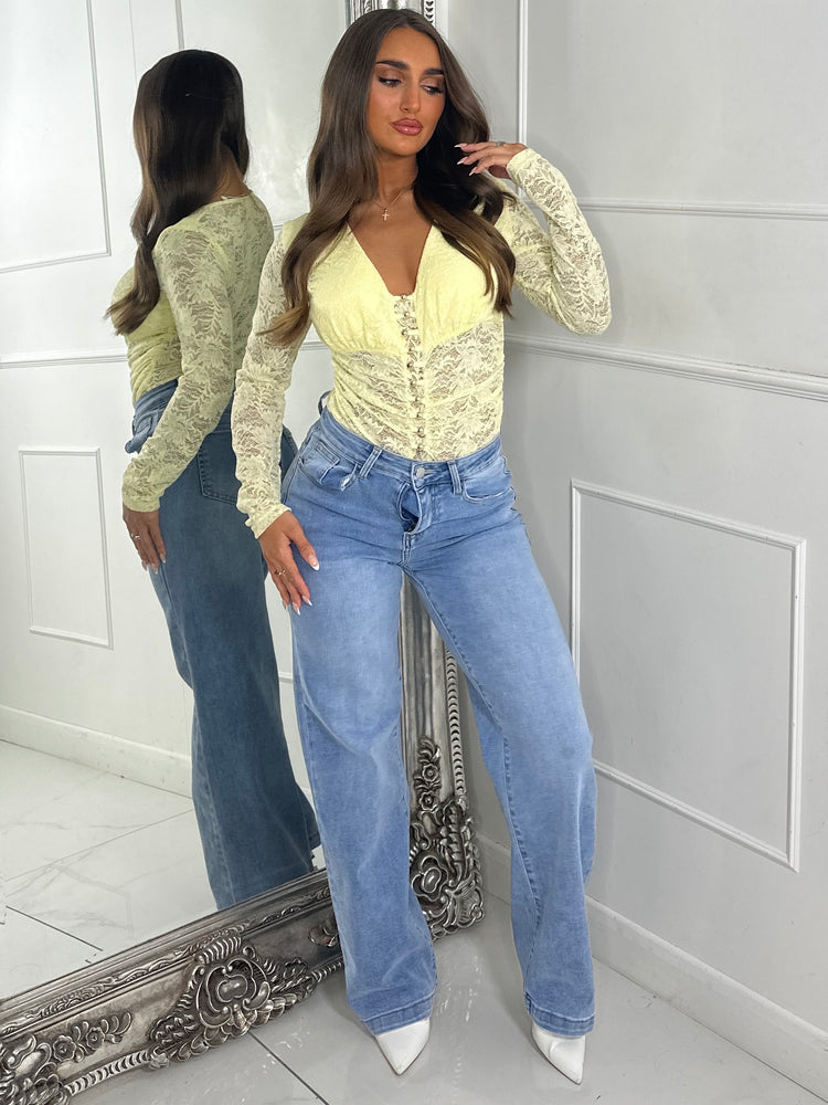 Long Sleeve V Neck Lace Gold Ball Detail Bodysuit - Lemon Yellow