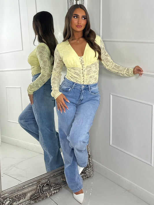 Long Sleeve V Neck Lace Gold Ball Detail Bodysuit - Lemon Yellow