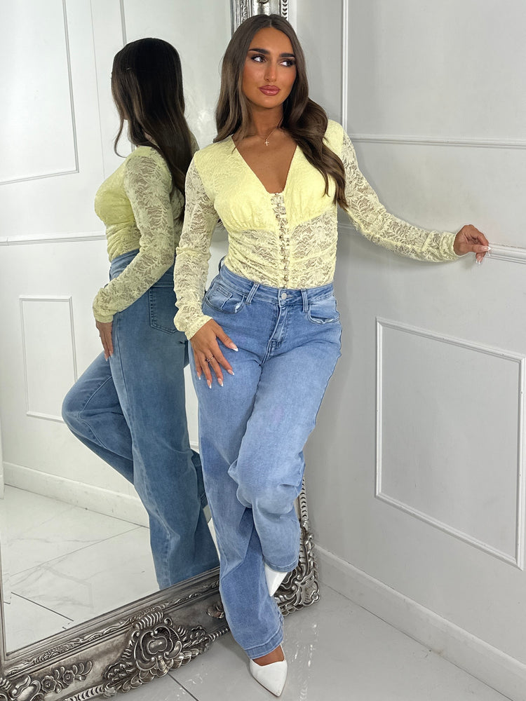 Long Sleeve V Neck Lace Gold Ball Detail Bodysuit - Lemon Yellow