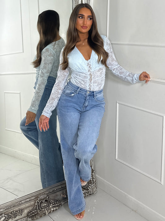 Long Sleeve V Neck Lace Gold Ball Detail Bodysuit - Baby Blue