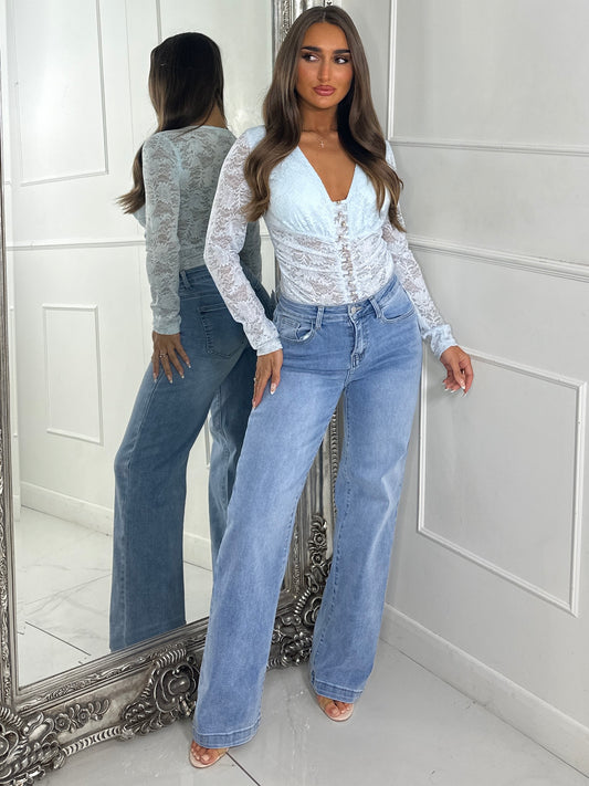 Long Sleeve V Neck Lace Gold Ball Detail Bodysuit - Baby Blue