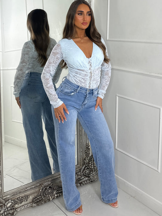 Long Sleeve V Neck Lace Gold Ball Detail Bodysuit - Baby Blue