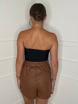 PU Leather Tied Waist Skort - Brown