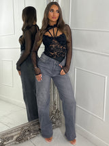 Lace Corset Style Bodysuit With Mesh Sleeves - Black