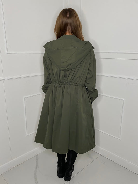 Drawstring Detail Hooded Trench Coat - Khaki