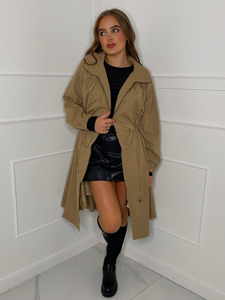 Drawstring Detail Hooded Trench Coat - Tan