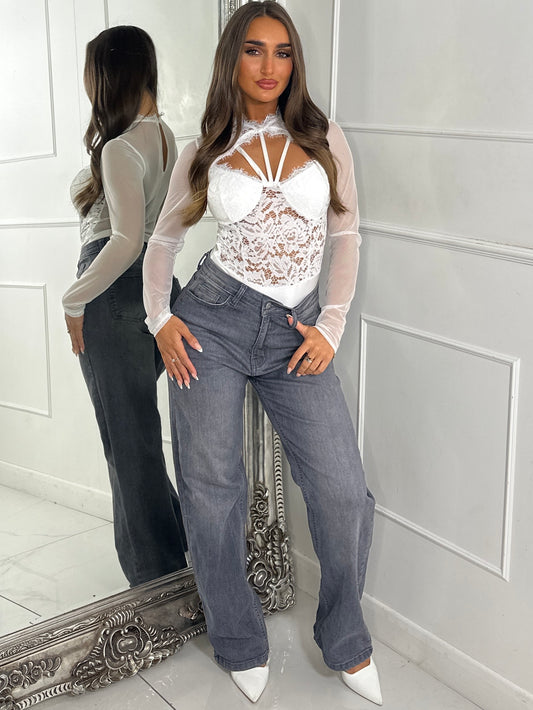 Lace Corset Style Bodysuit With Mesh Sleeves - White