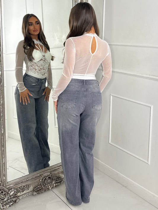 Lace Corset Style Bodysuit With Mesh Sleeves - White