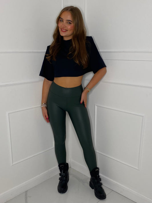 Leather Look  Leggings - Khaki