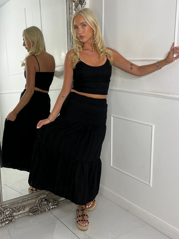 Lace Crochet Strappy Top & Flowy Maxi Skirt Co-ord - Black