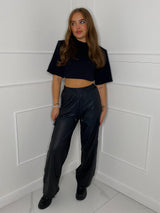 Wide Leg Leather Pants - Black
