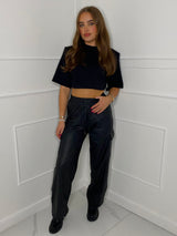 Wide Leg Leather Pants - Black