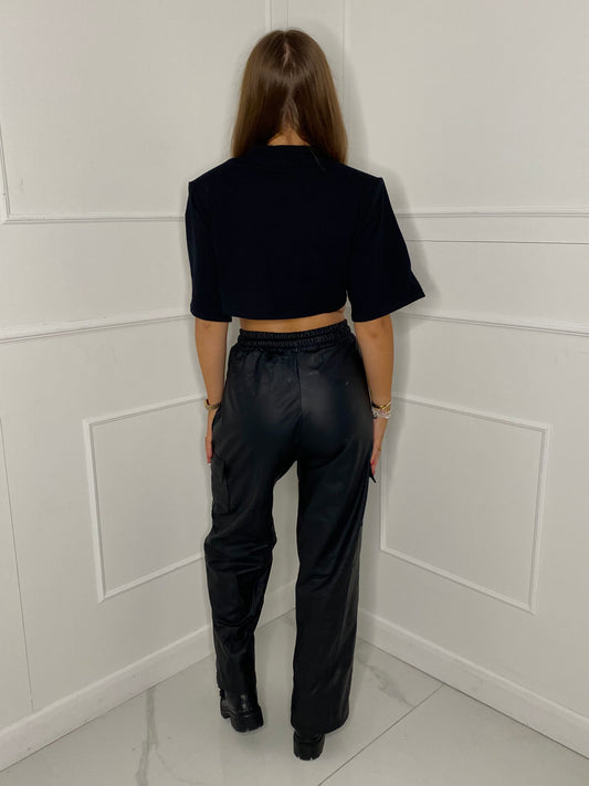 Wide Leg Leather Pants - Black