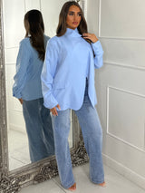 High Neck Button Blazer - Baby Blue