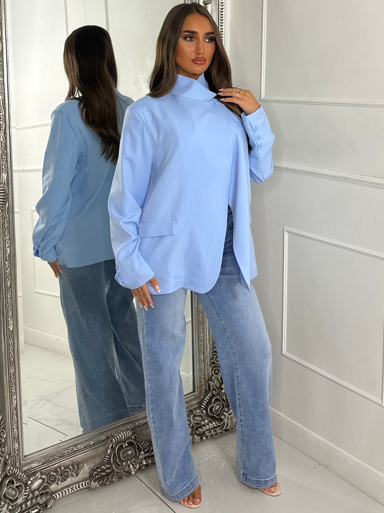 High Neck Button Blazer - Baby Blue