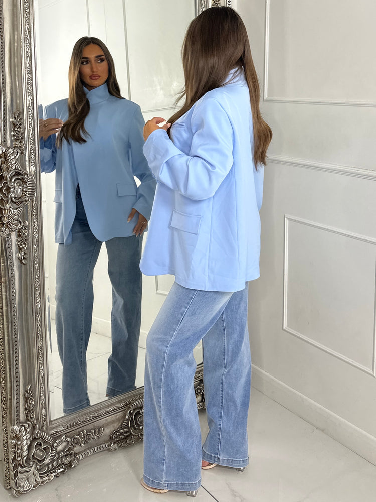 High Neck Button Blazer - Baby Blue