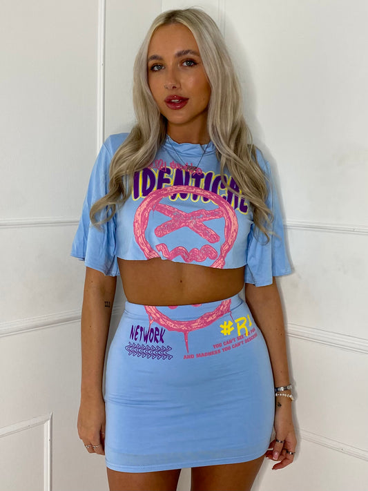 Cropped T-shirt Co-ord- Baby Blue Identical Print
