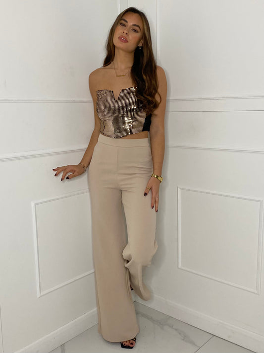 Wide Leg High Waist Trousers - Beige