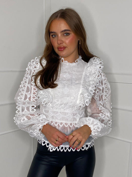 Lace Detail Frill Top - White
