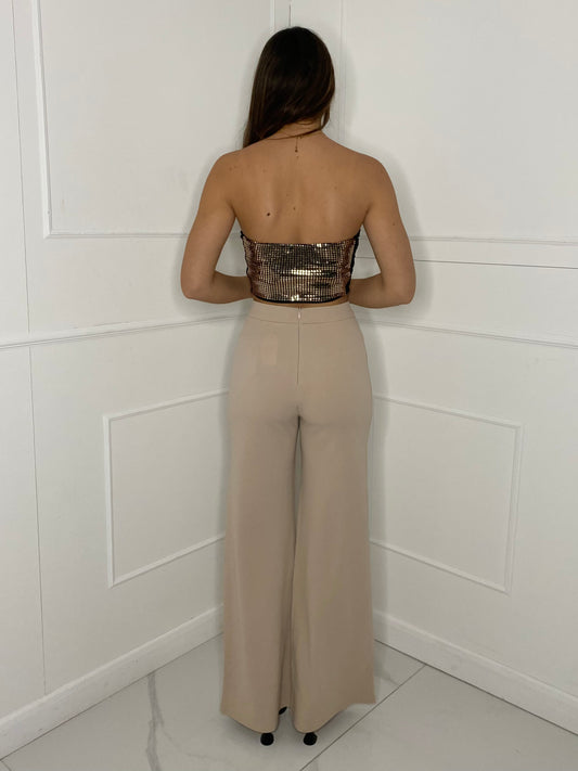 Wide Leg High Waist Trousers - Beige