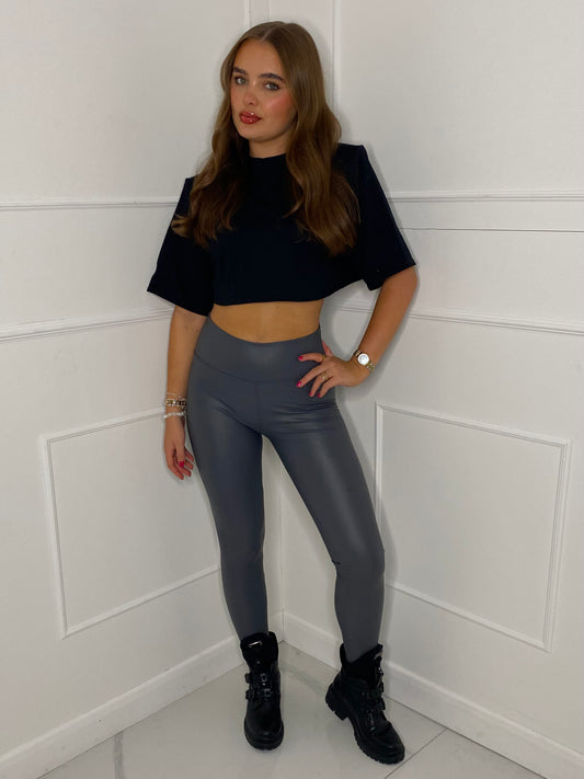 Leather Look  Leggings - Grey