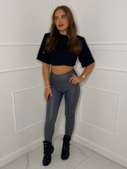 Grey leather look leggings clearance