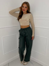 Wide Leg Leather Pants - Khaki