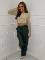 Wide Leg Leather Pants - Khaki