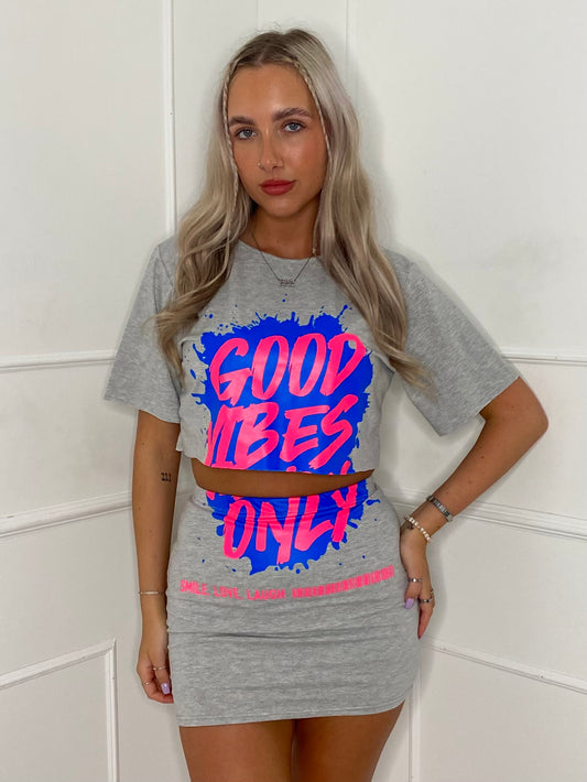 Good Vibes Splatter T-Shirt Co-Ord - Grey