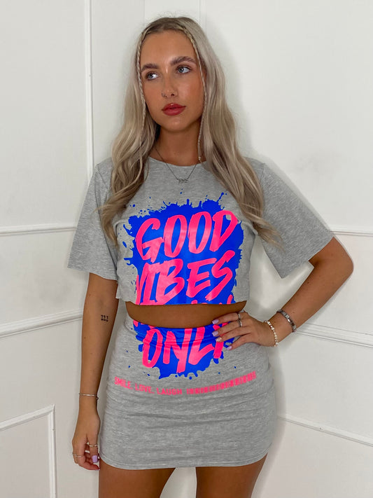 Good Vibes Splatter T-Shirt Co-Ord - Grey