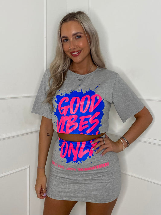 Good Vibes Splatter T-Shirt Co-Ord - Grey