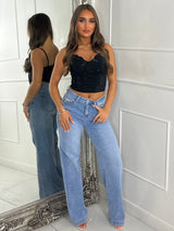 Diamante Lace Detail Cupped Corset Top - Black