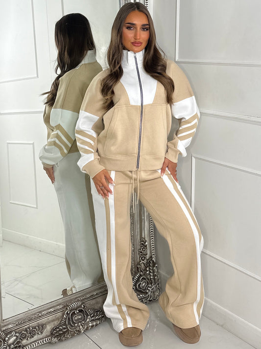 Block Colour Stripe Detail High Neck Tracksuit - Beige/White