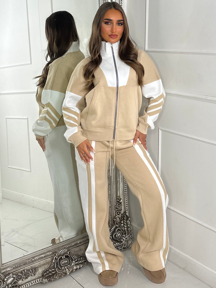 Block Colour Stripe Detail High Neck Tracksuit - Beige/White