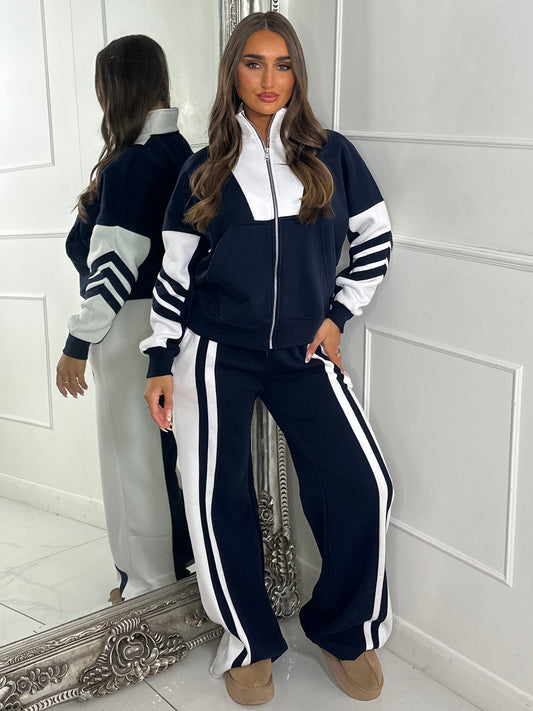 Block Colour Stripe Detail High Neck Tracksuit - Navy/White