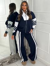 Block Colour Stripe Detail High Neck Tracksuit - Navy/White