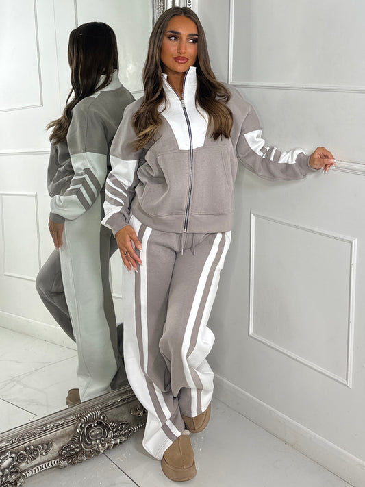 Block Colour Stripe Detail High Neck Tracksuit - Dove Grey/White