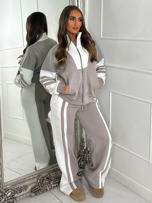 Block Colour Stripe Detail High Neck Tracksuit - Dove Grey/White