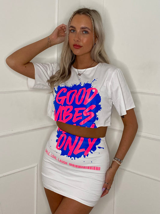 Good Vibes Splatter T-Shirt Co-Ord - White