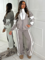 Block Colour Stripe Detail High Neck Tracksuit - Dove Grey/White