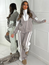 Block Colour Stripe Detail High Neck Tracksuit - Dove Grey/White