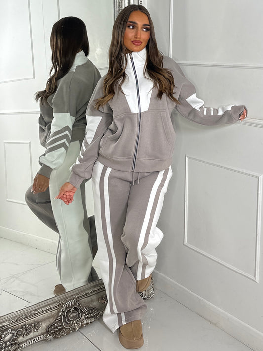 Block Colour Stripe Detail High Neck Tracksuit - Dove Grey/White