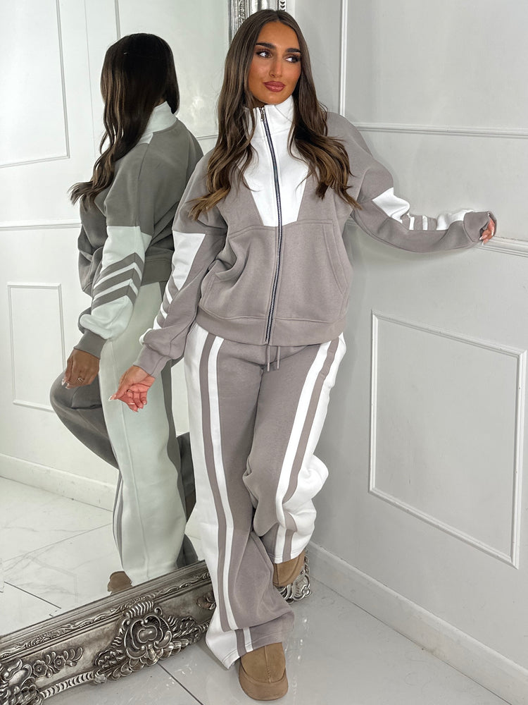 Block Colour Stripe Detail High Neck Tracksuit - Dove Grey/White