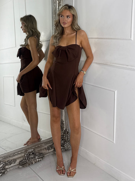 Strappy Bow Detail Flowy Dress - Brown