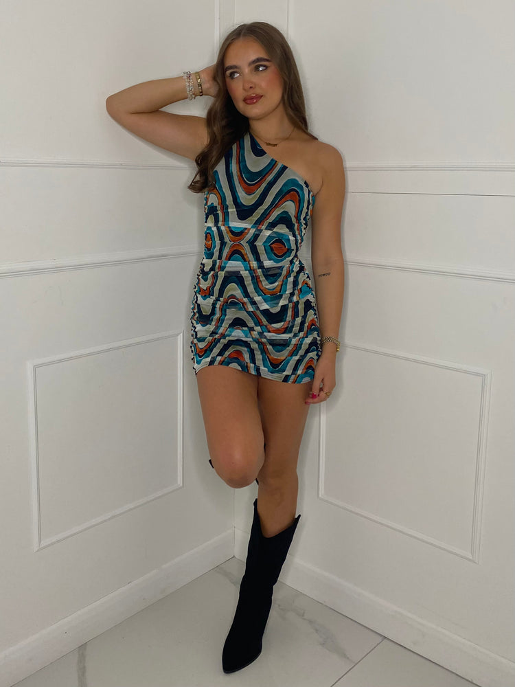 Swirl One Shoulder Mini Dress - Multi