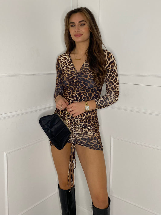 Ruched Front V Neck Mini Dress - Leopard