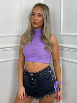 Lace Up String Denim Shorts - Black/Lilac