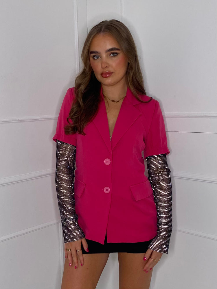 Diamanté Chainmail Sleeve Blazer - Hot Pink