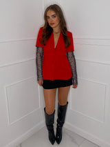 Diamanté Chainmail Sleeve Blazer - Red